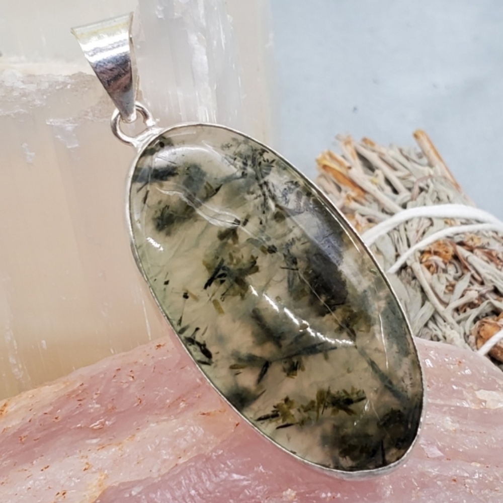 Large Genuine Prehnite Cabochon White Rhodium/Silver Artisan Pendant